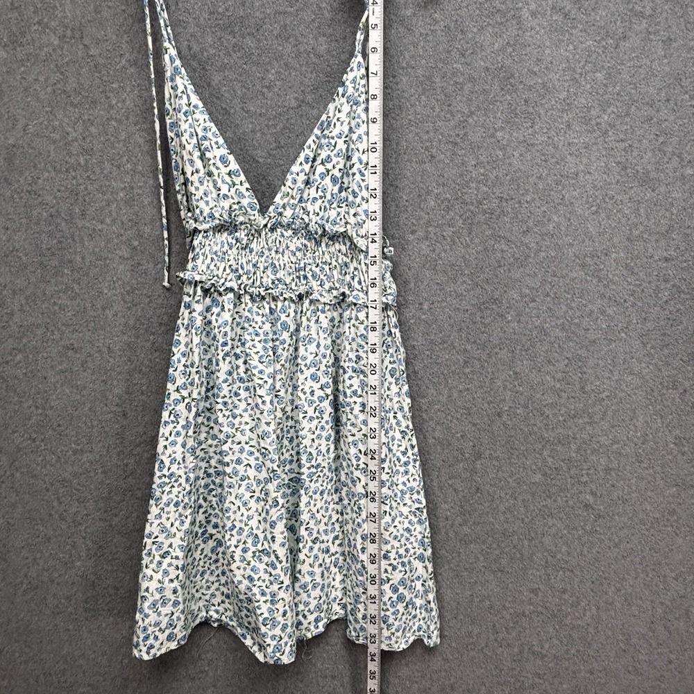 Zara Ditsy Floral Babydoll Dress S Blue Linen Blend Smocked Mini Cottage Picnic‎ - Picture 6 of 11